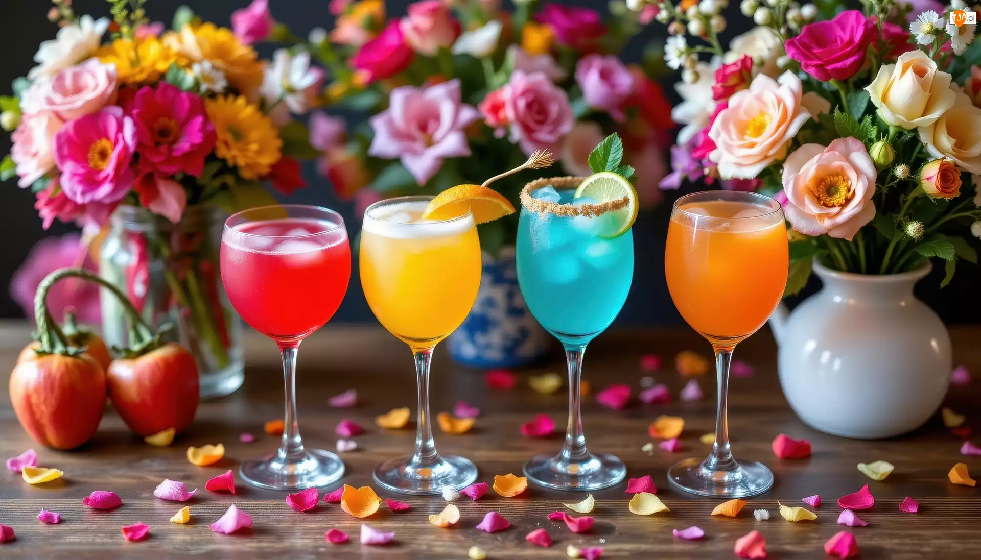 Kieliszki, Płatki, Drinki, Kolorowe, Kwiaty
