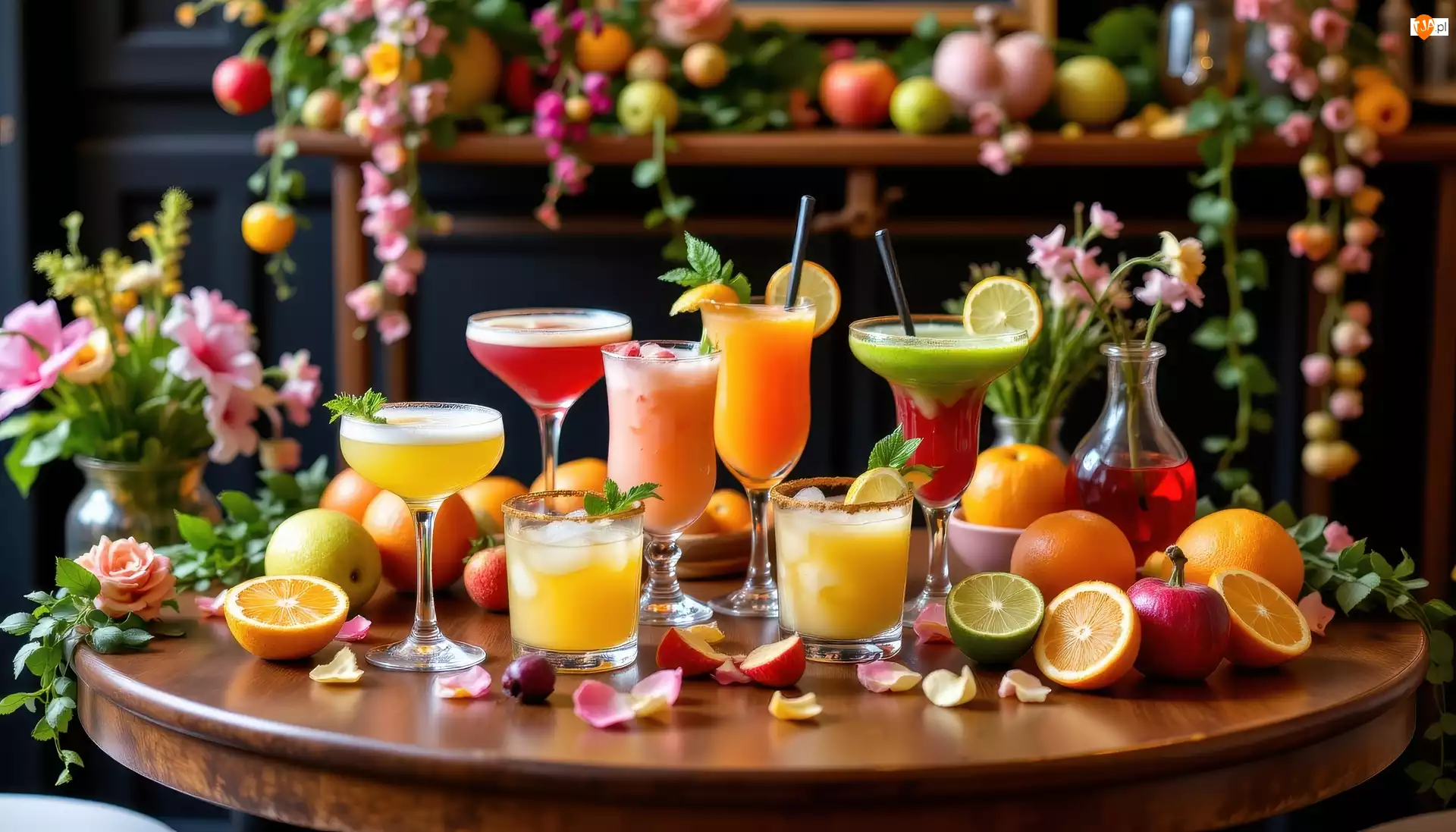 Szklanki, Stół, Kieliszki, Drinki, Owoce