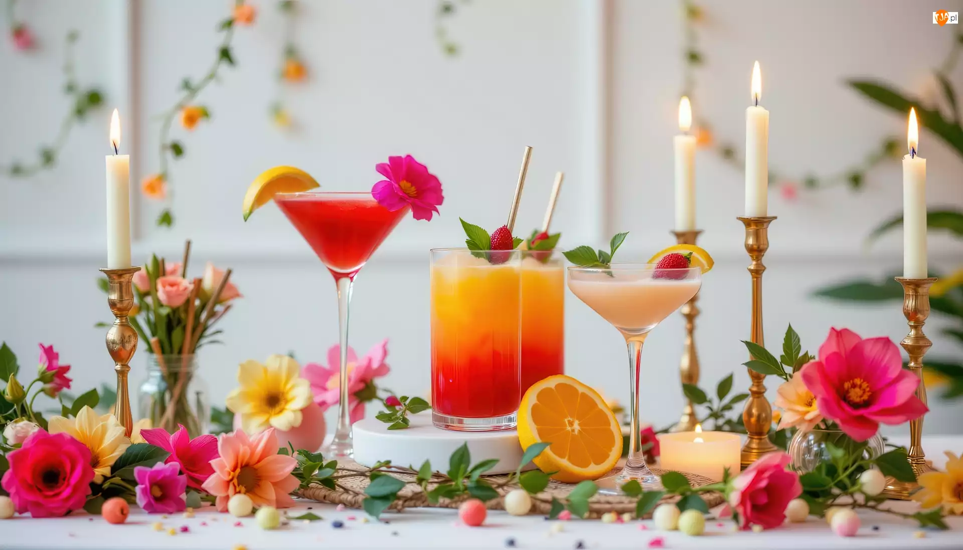 Szklanki, Kieliszki, Kompozycja, Drinki, Stół, Kwiaty, Świece