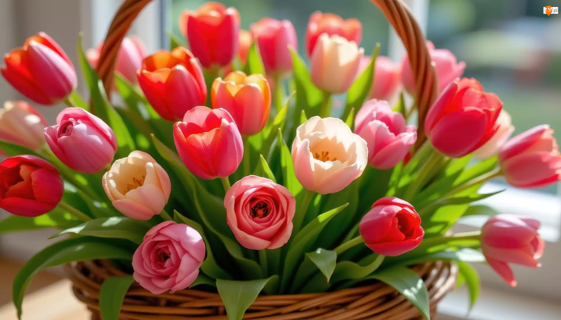 Koszyk, Kolorowe, Kwiaty, Tulipany
