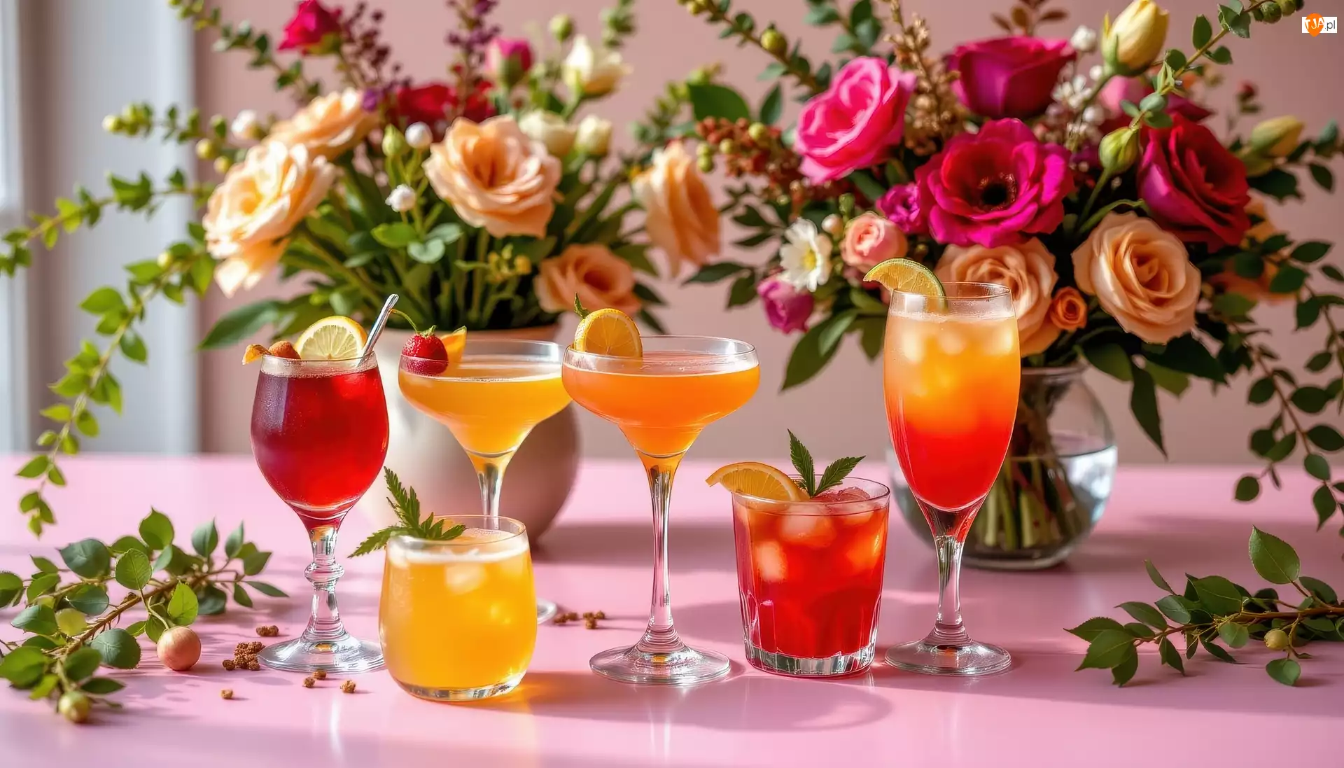 Wazony, Drinki, Kwiaty, Gałązki, Kieliszki, Bukiety, Listki, Szklanki