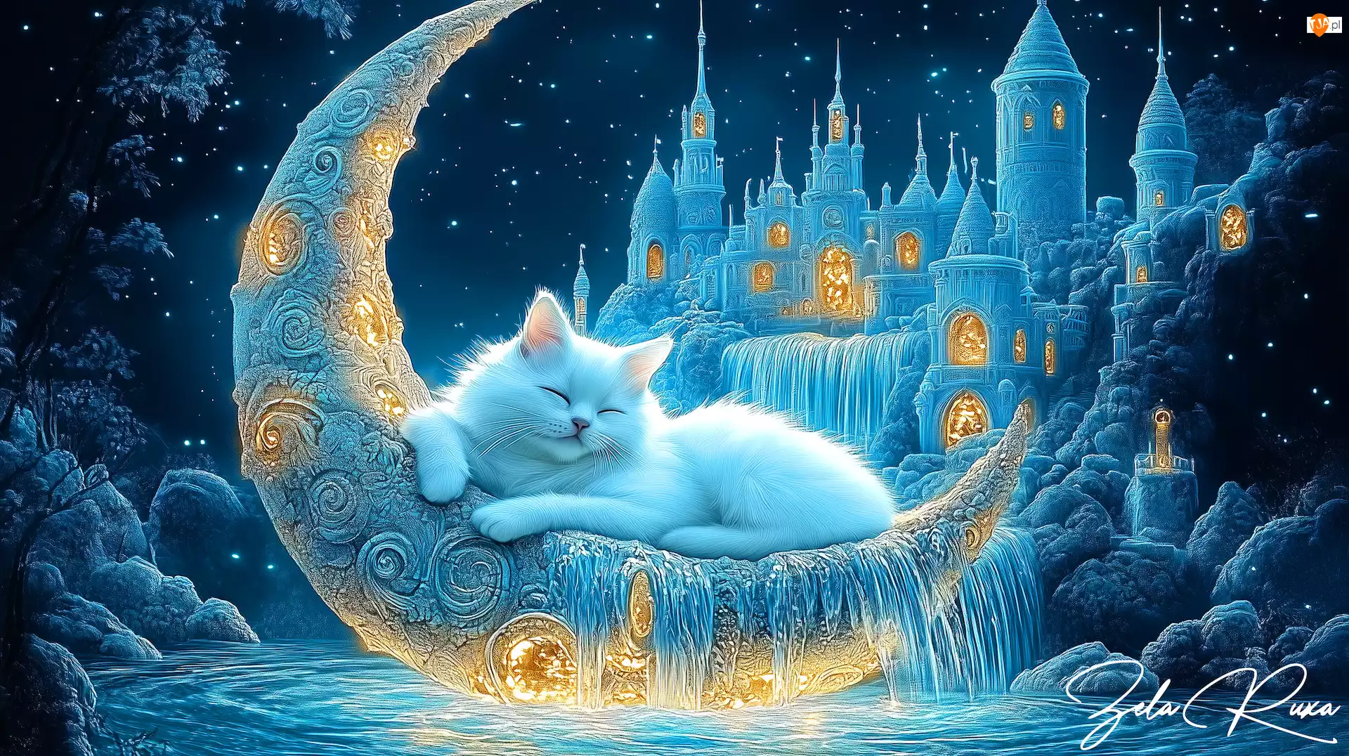 Księżyc, Gwiazdy, Fantasy, Noc, Zamek, Śpiący, Kot