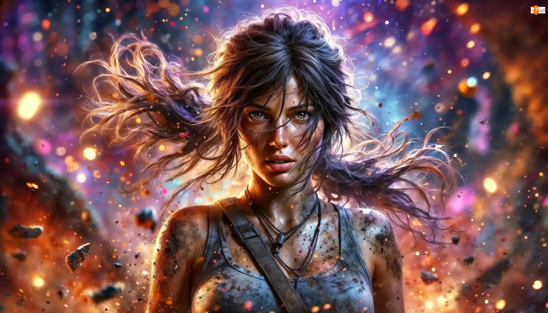 Walka, Grafika AI, Lara Croft, Kobieta, Ogień
