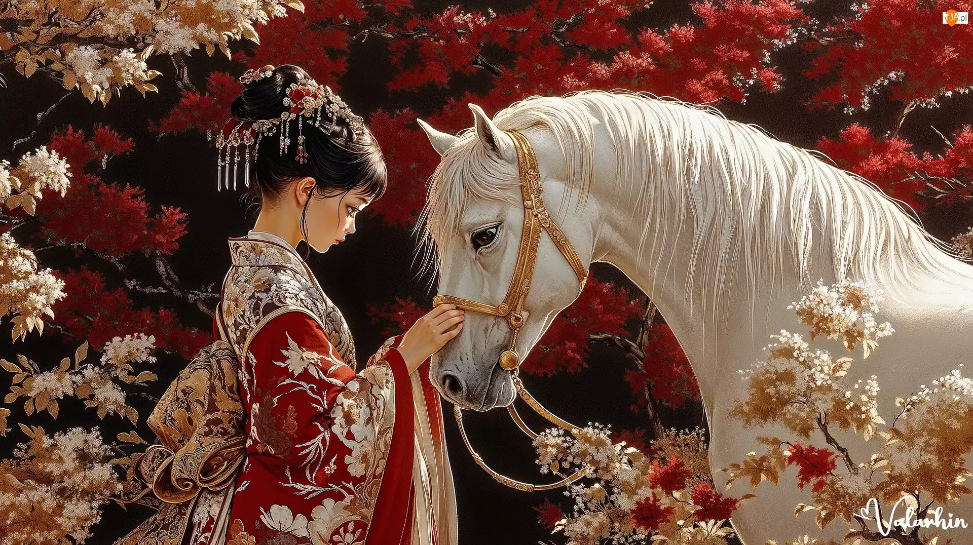 Kimono, Koń, Dziewczyna, Japonka, Biały