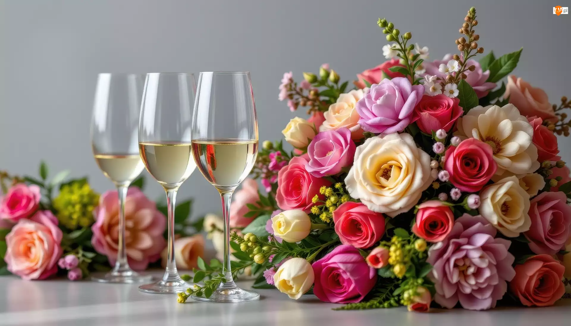 Wino, Kieliszki, Kwiaty, Tulipany, Bukiet, Róże