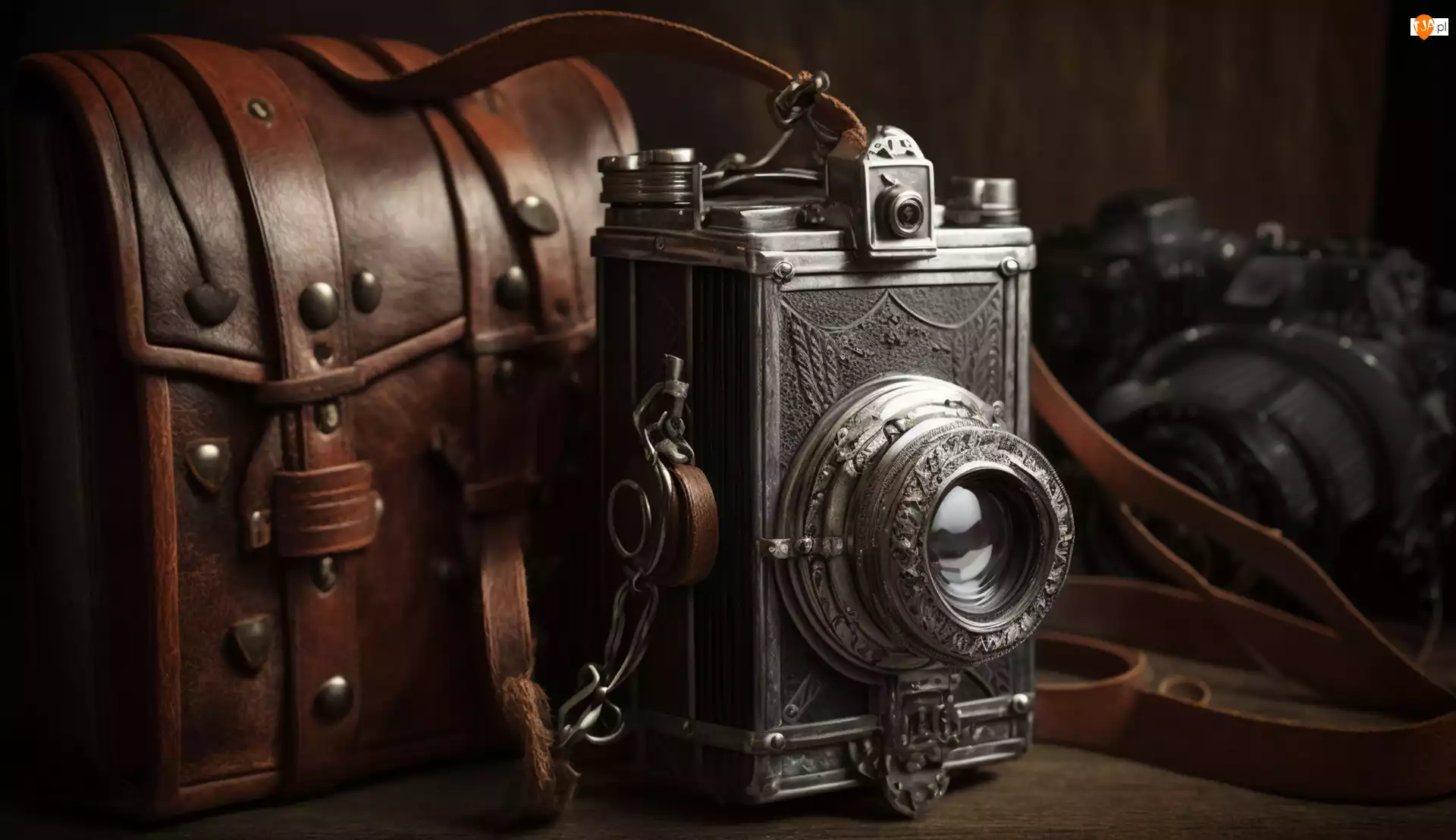 Retro, Aparat fotograficzny, Futerał, Grafika AI, Skórzany, Antyk