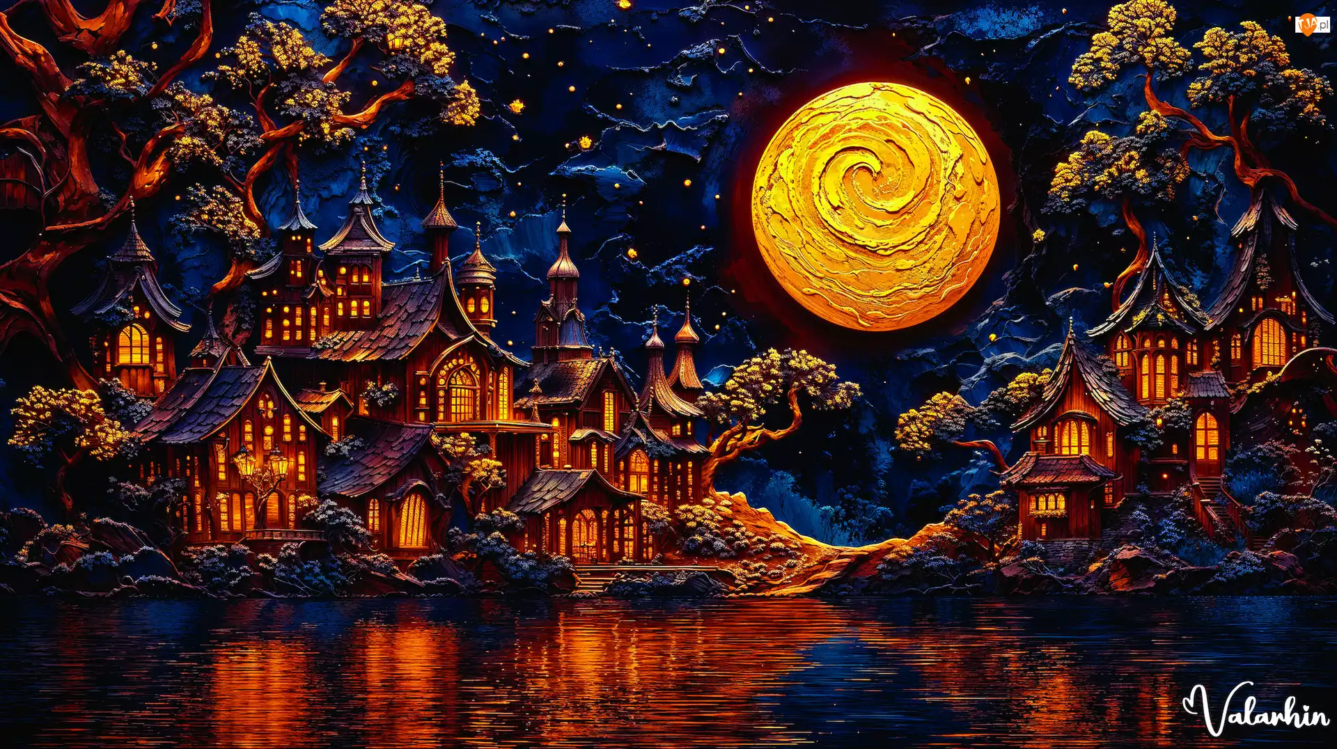 Drzewa, Księżyc, Domy, Grafika, Noc