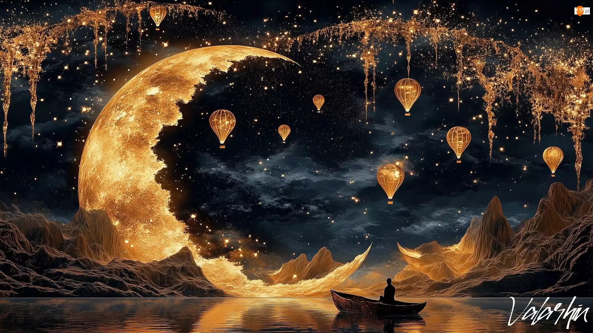 Noc, Jezioro, Góry, Księżyc, Łódka, Balony, Fantasy, Człowiek