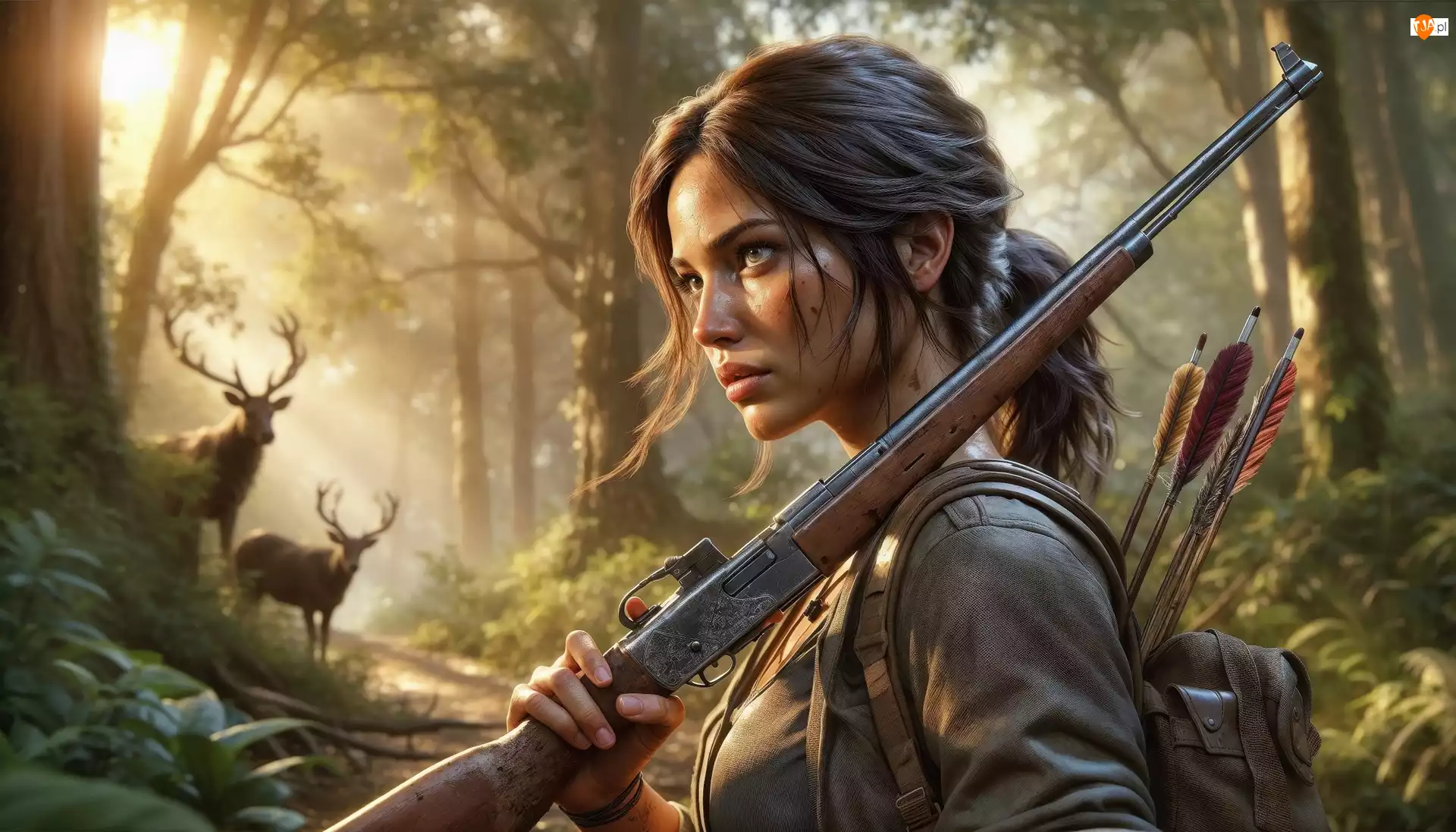Postać, Lara Croft, Las, Grafika AI, Broń, Jelenie