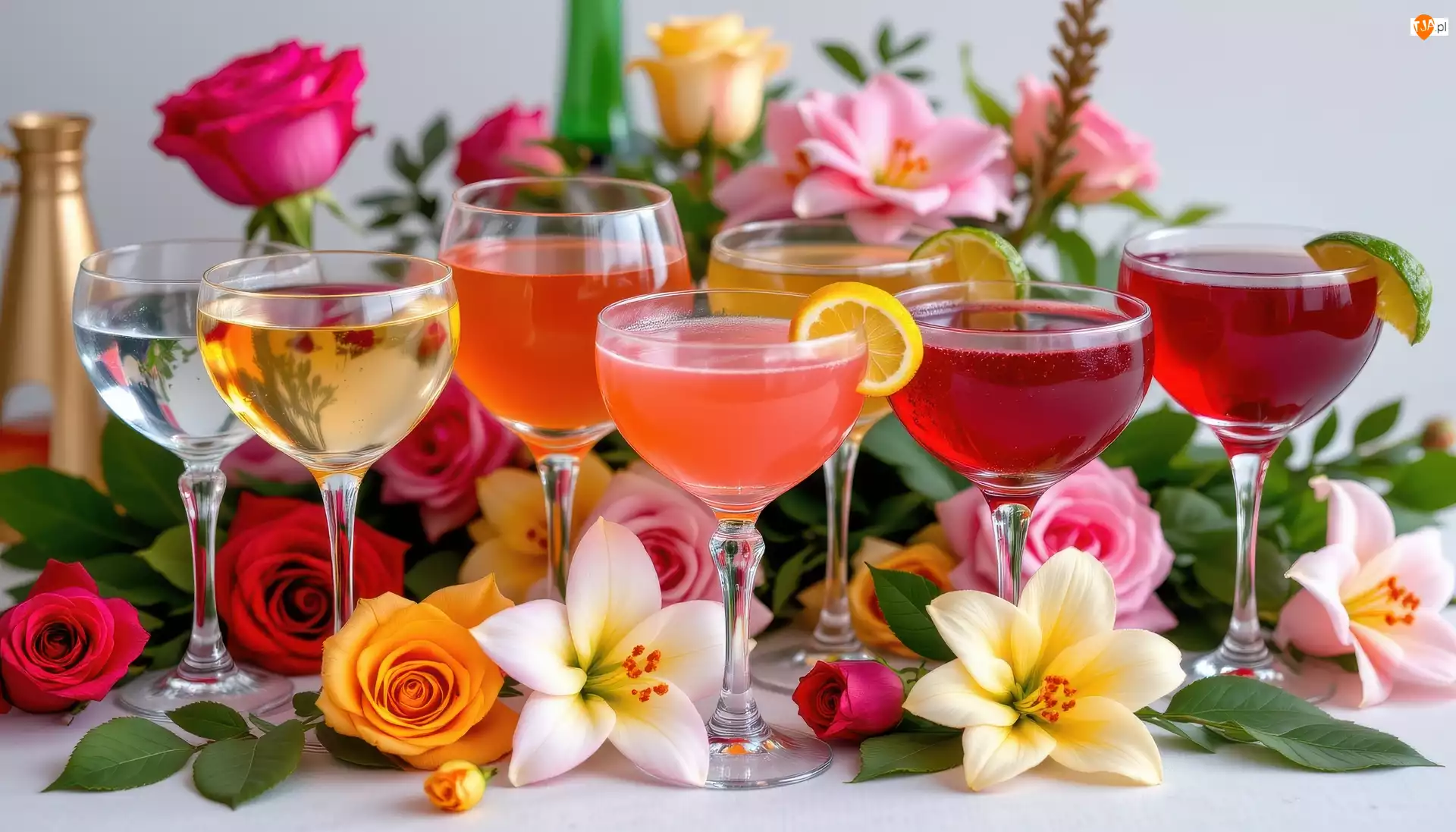 Kwiaty, Lilie, Kieliszki, Drinki, Róże