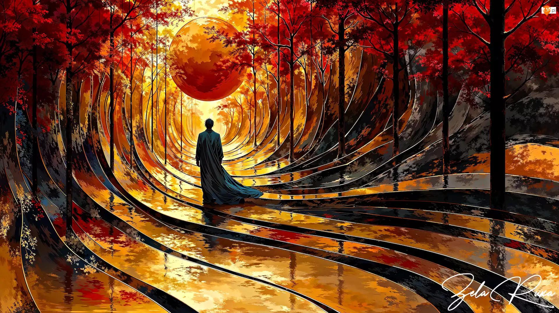 Drzewa, Linie, Człowiek, Fantasy, Jesień
