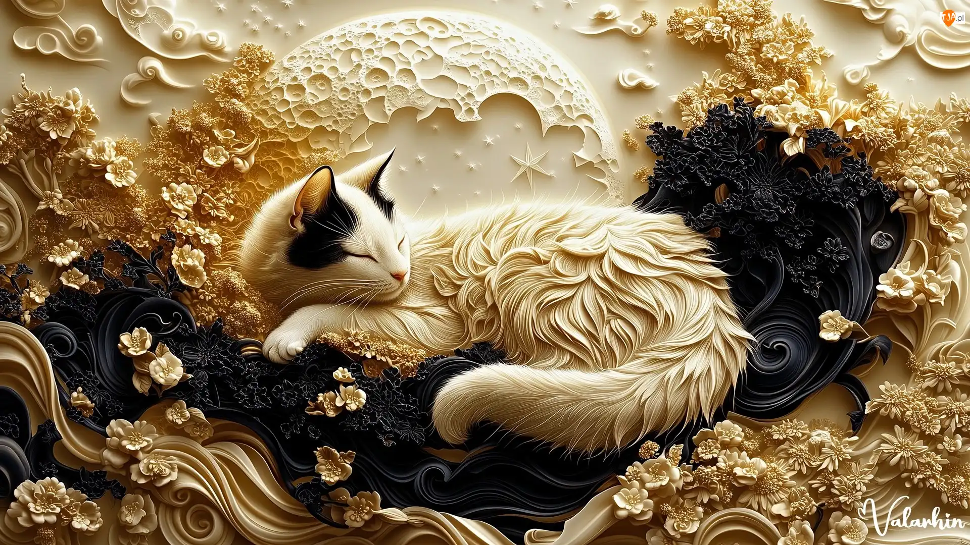 Kwiaty, Leżący, Czarne, Grafika, Biały, Złote, 3D, Kot