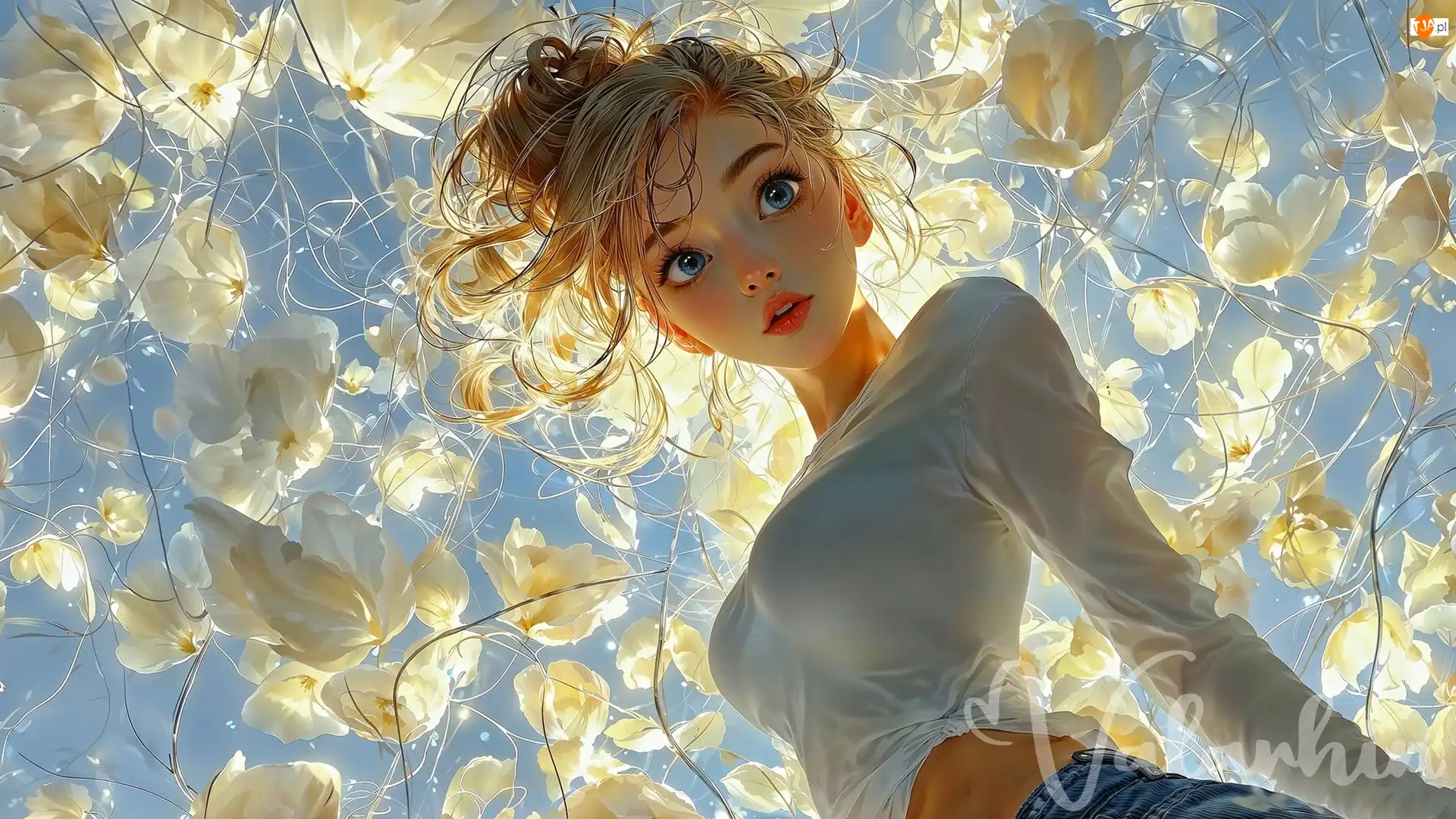 Kobieta, Młoda, Białe, Anime, Blondynka, Kwiaty