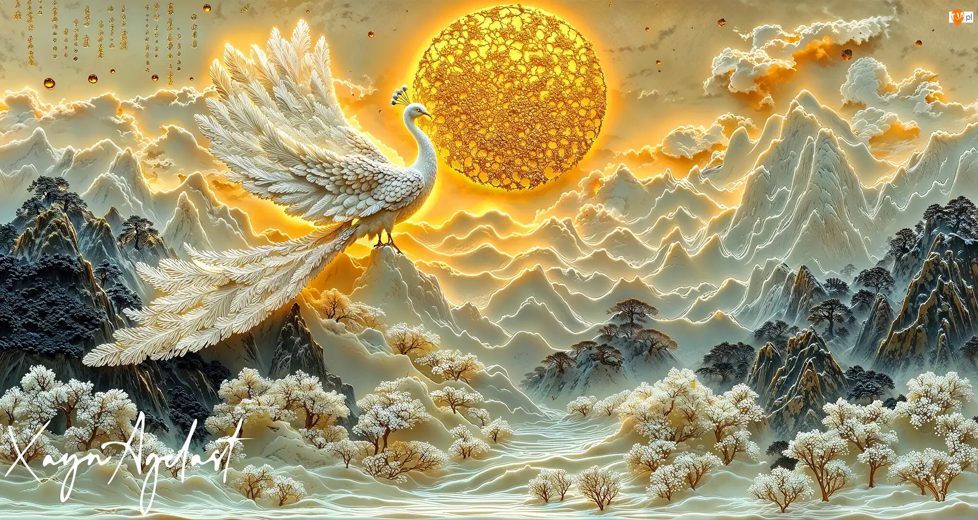Biały, Paw, Fantasy, Zima, Słońce, Drzewa, Góry