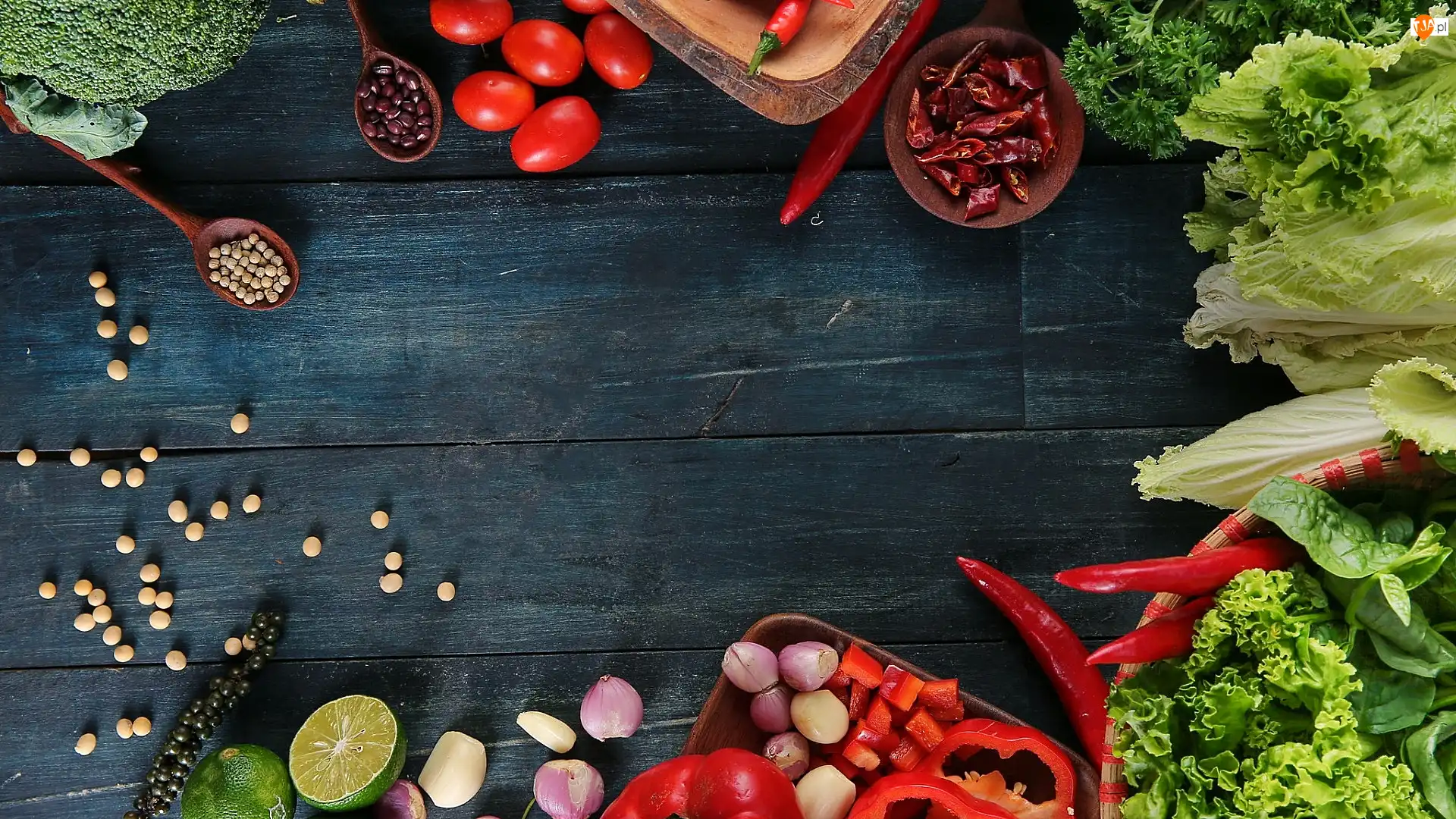 Deski, Sałata, Limonka, Ziarna, Pieprzu, Pomidory, Papryka, Warzywa, Czosnek