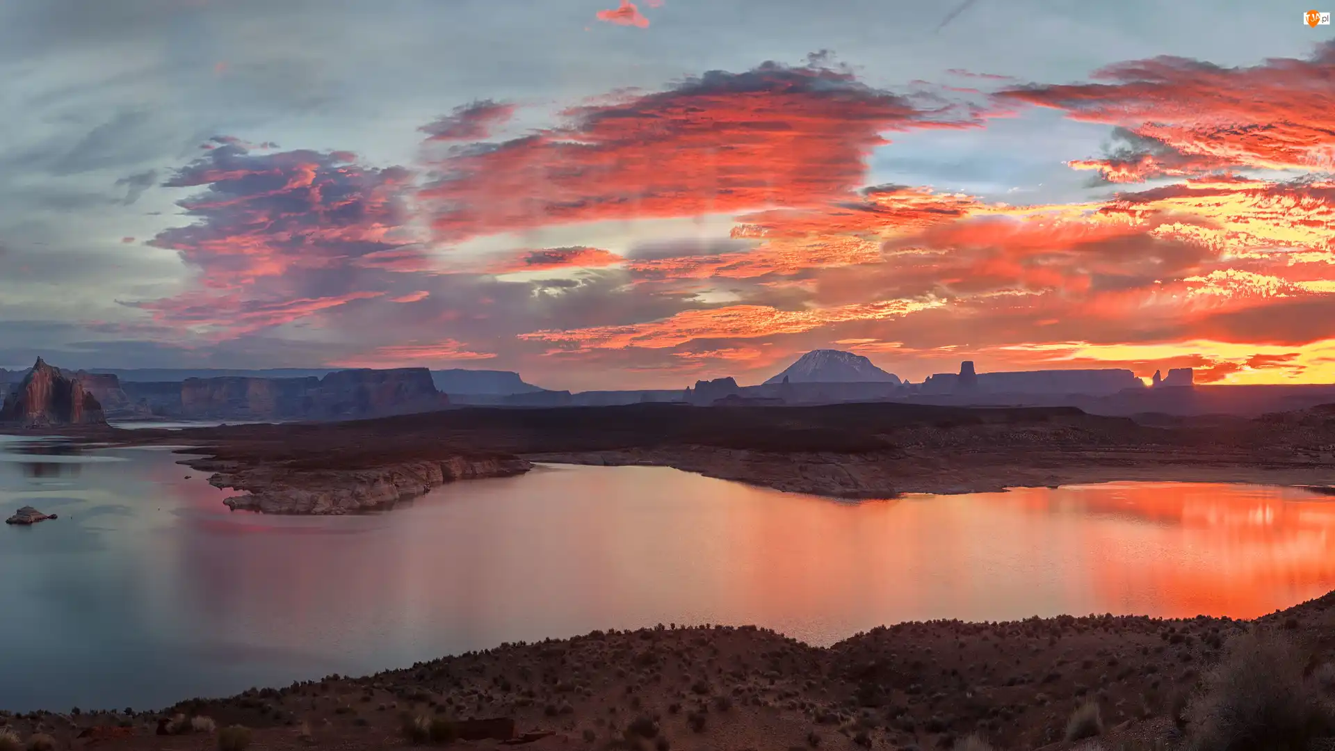 Wschód słońca, Jezioro, Glen Canyon, Arizona, Lake Powell, Skały, Stany Zjednoczone, Kanion