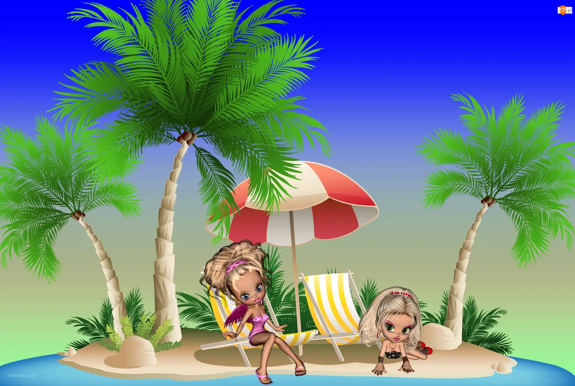 Palmy, Parasol, Plaża, Grafika, Leżaki