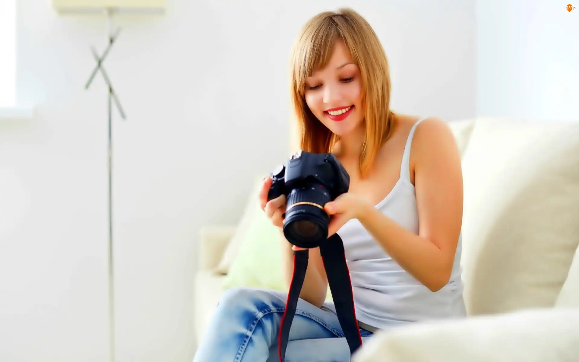 Makijaż, Fotograficzny, Dziewczyna, Uśmiechnięta, Aparat