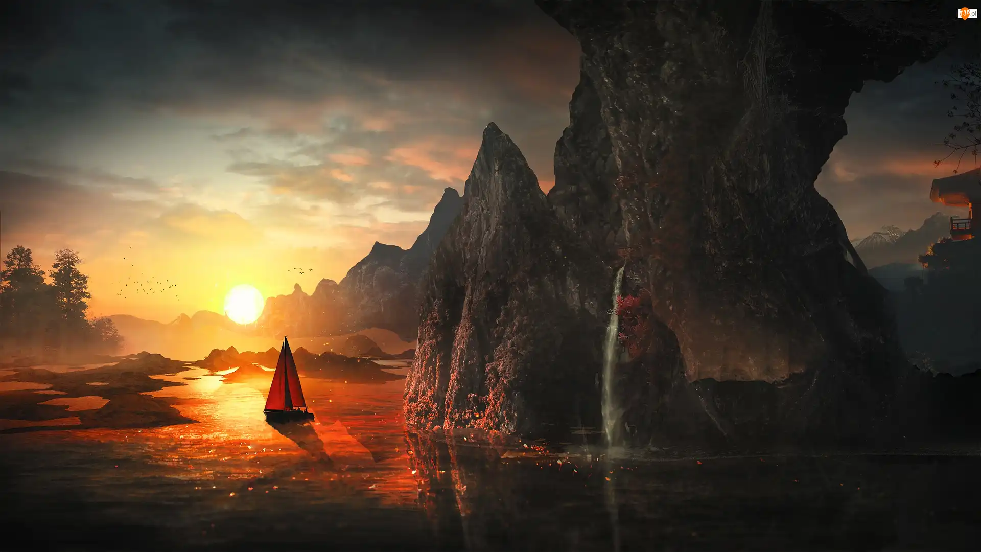 Skały, Żaglówka, Zachód słońca, Fantasy, Łódka
