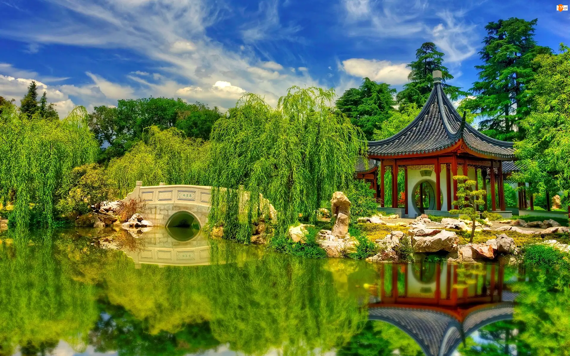 Kamienny mostek, Stany Zjednoczone, Drzewa, Staw, Kamienie, Garden of Flowing Fragrance, Stan Kalifornia, Hrabstwo Los Angeles, Wierzby płaczące, Altana, Odbicie, Ogród chiński, San Marino
