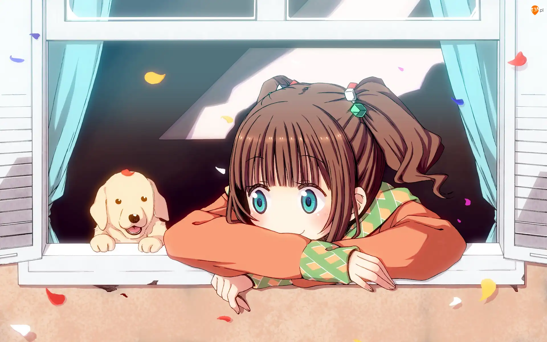 Dziewczynka, Anime, Piesek, Okno, Manga
