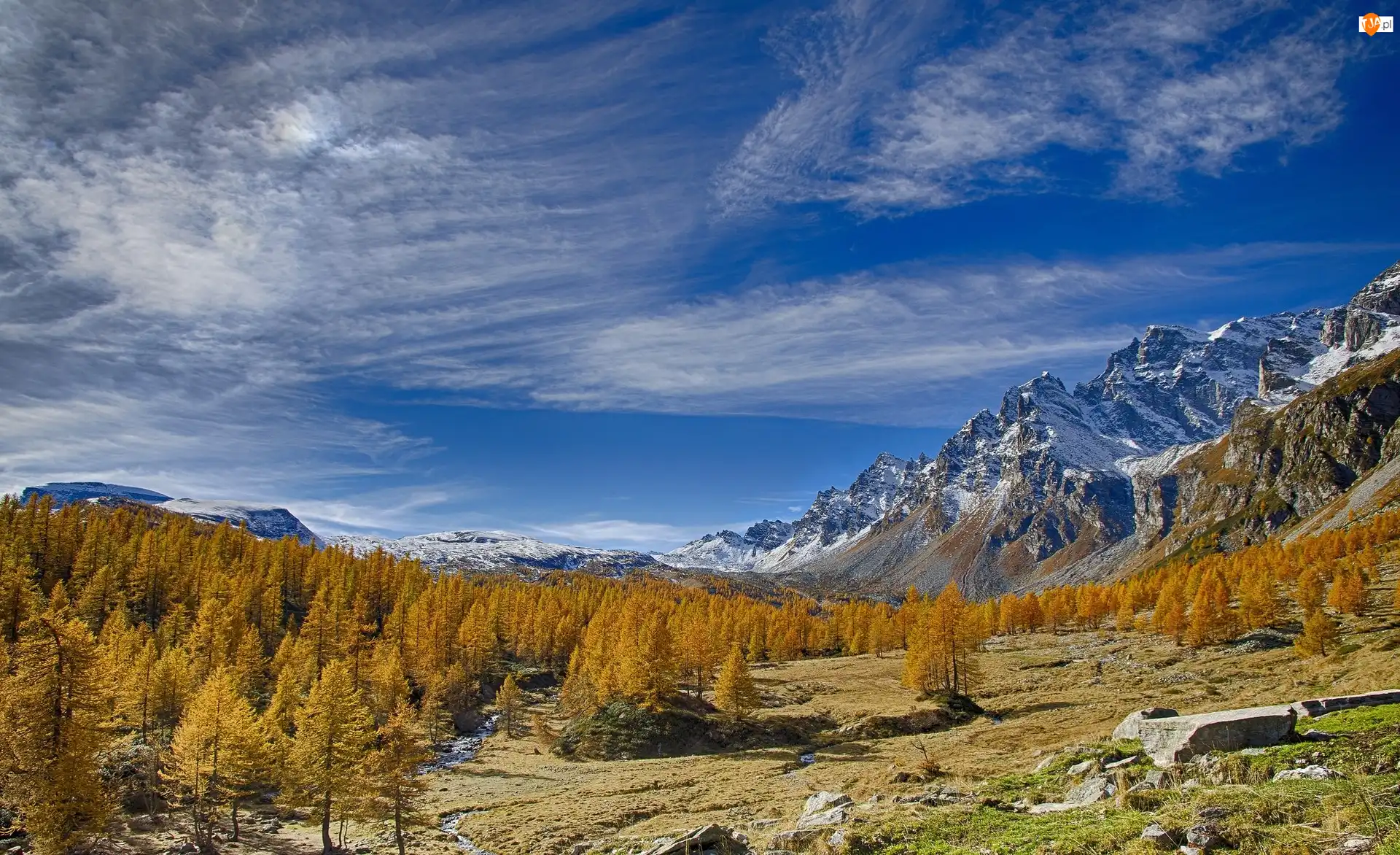 Region Piemont, Góry Alpy, Drzewa, Włochy, Jesień, Ośrodek narciarski Alpe Devero, Dolina Val Buscagna