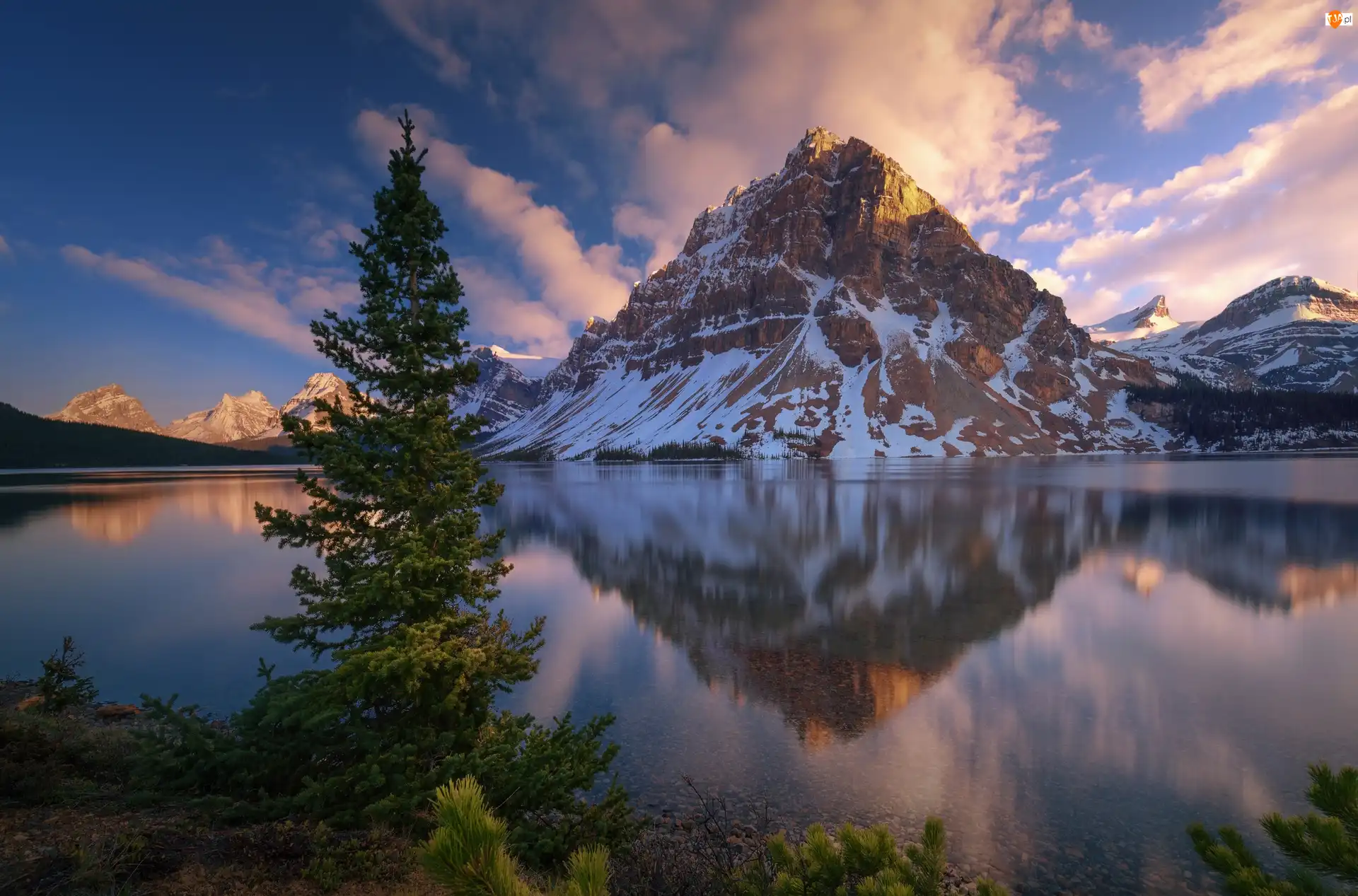 Park Narodowy Banff, Kanada, Szczyt Crowfoot Mountain, Drzewa, Góry, Jezioro Bow Lake