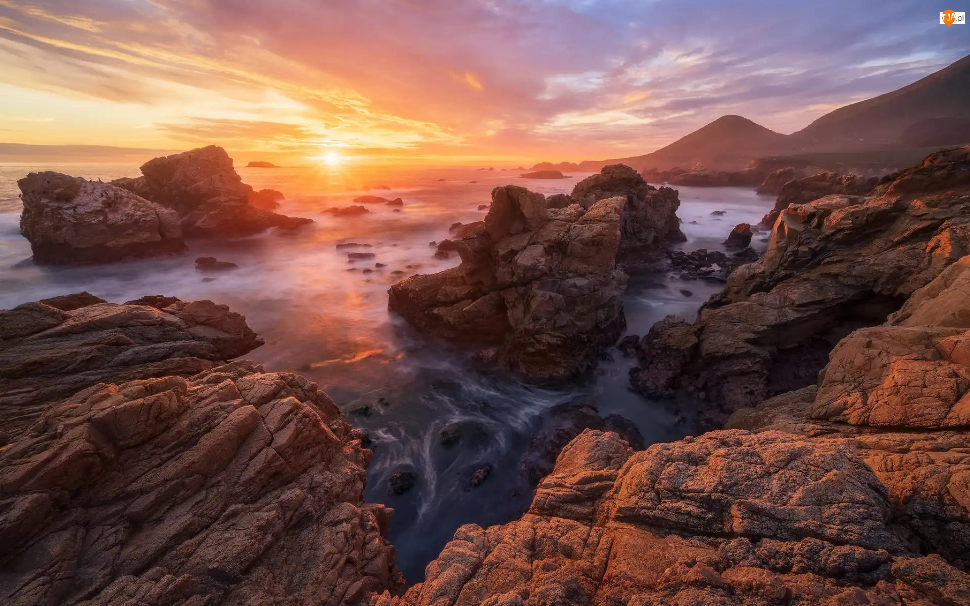 Góra, Stany Zjednoczone, Morze, Kamienie, Kalifornia, Skały, Zachód słońca, Big Sur