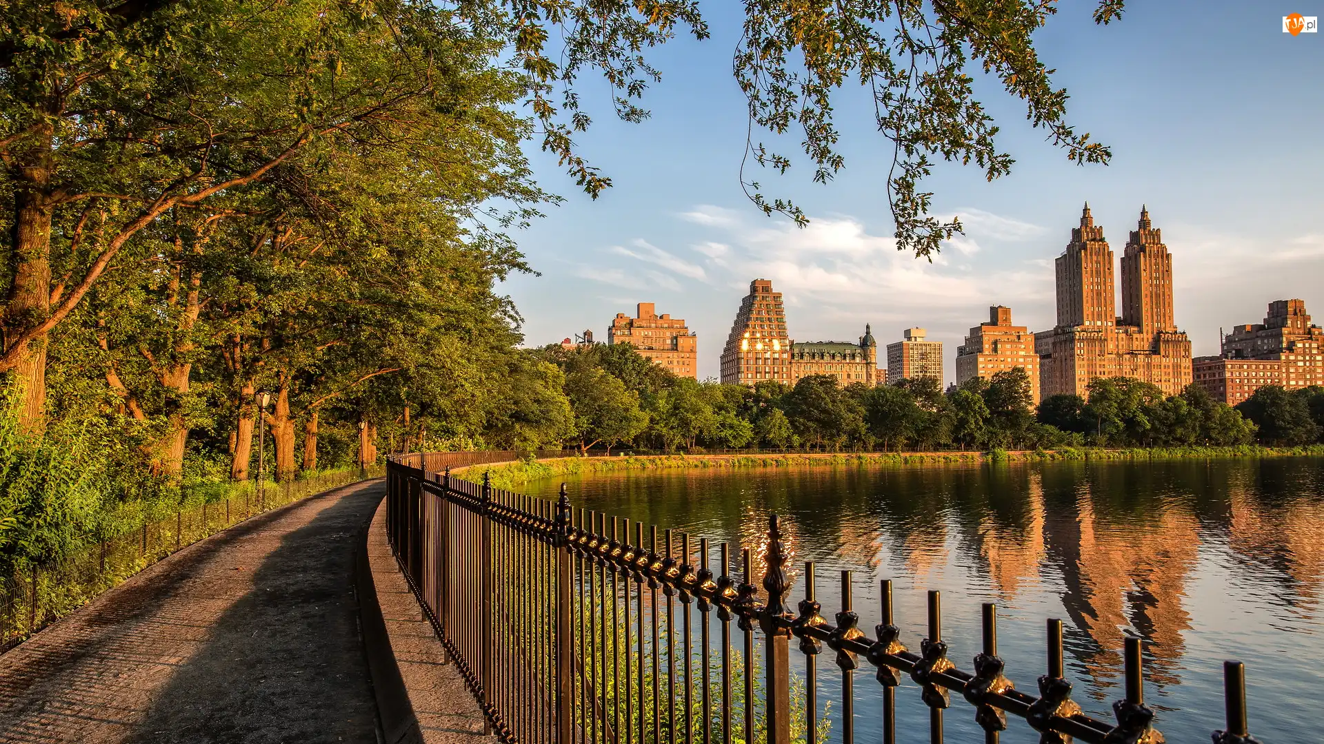 Stany Zjednoczone, Drzewa, Manhattan, Ścieżka, Central Park, Park miejski, Jacqueline Kennedy Onassis Reservoir, Jezioro, Budynek Eldorado, Nowy Jork