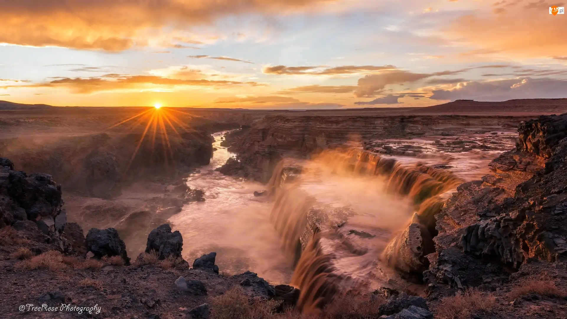 Little Colorado River, Wodospad, Skały, Arizona, Grand Falls, Rzeka, Stany Zjednoczone, Zachód słońca