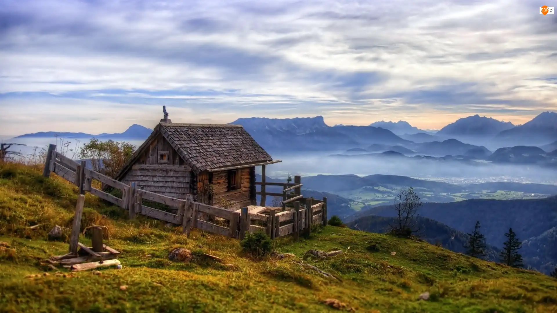 Dolina, Mały, Lasy, Świt, Domek, Mgła, Austria, Góry