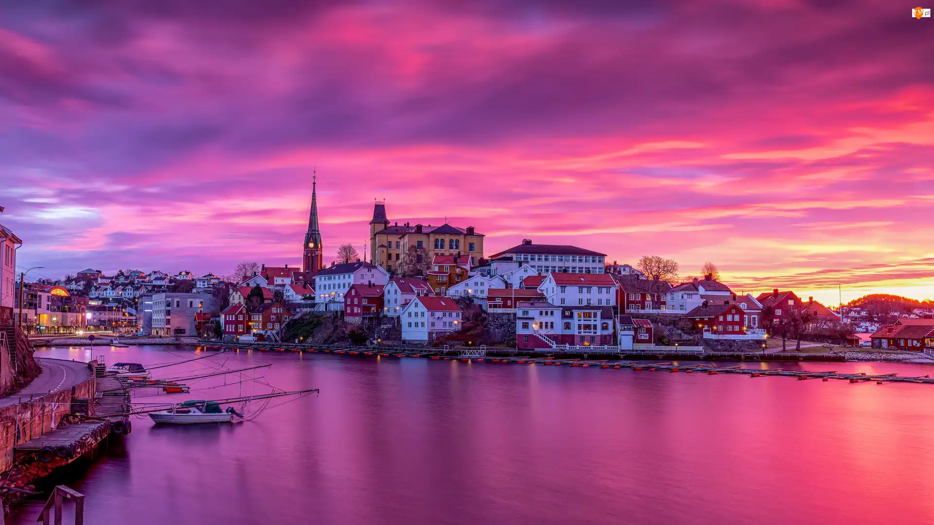 Miasto, Norwegia, Wybrzeże, Zachód słońca, Arendal, Domy