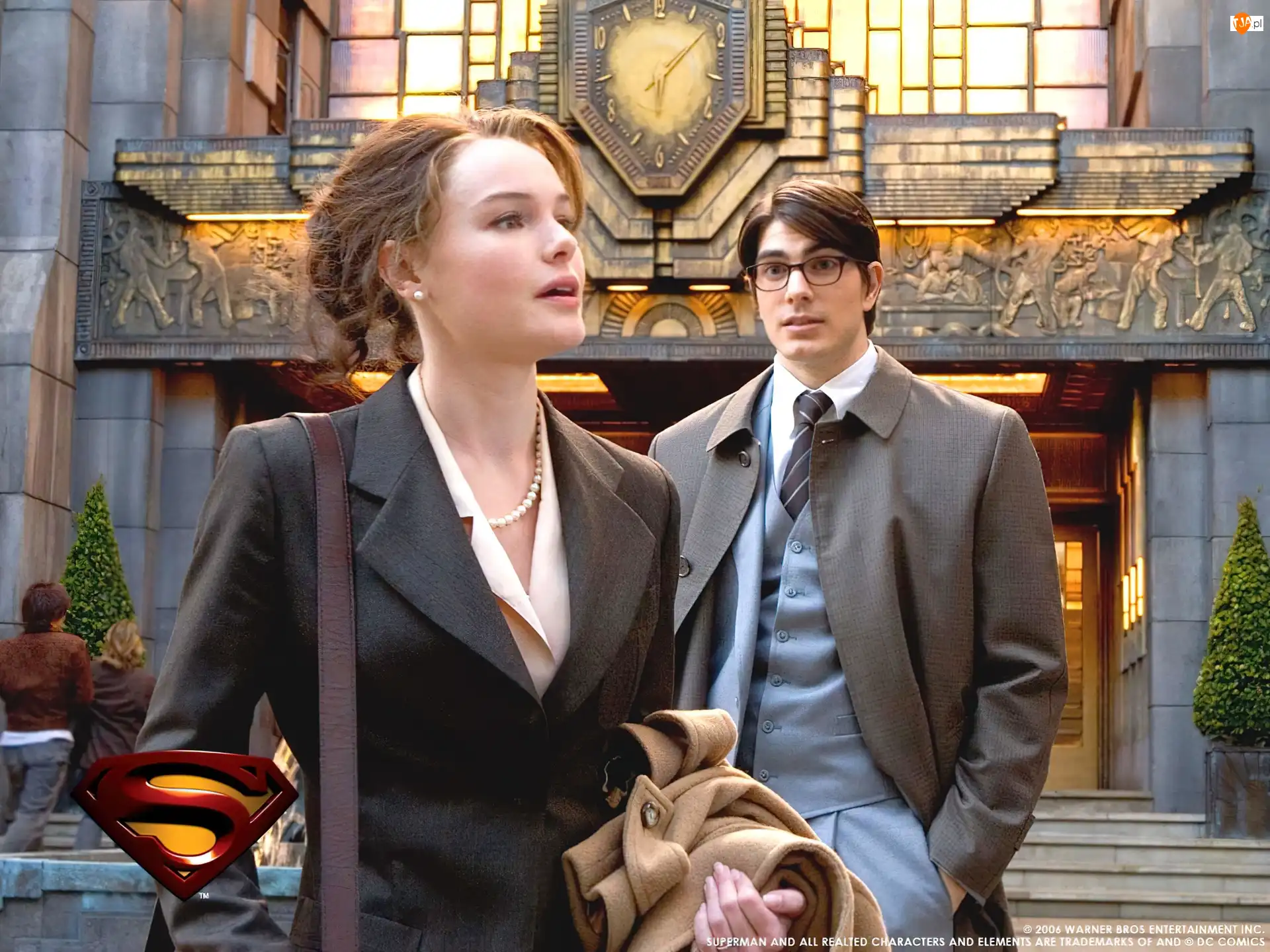Kate Bosworth, Superman Returns, zegar, budynek, Brandon Routh, płaszcz
