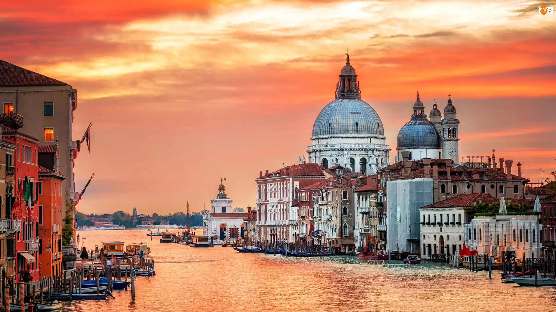 Wenecja,  Włochy, Bazylika św. Marka, Zachód słońca, Kanał Canal Grande, Domy