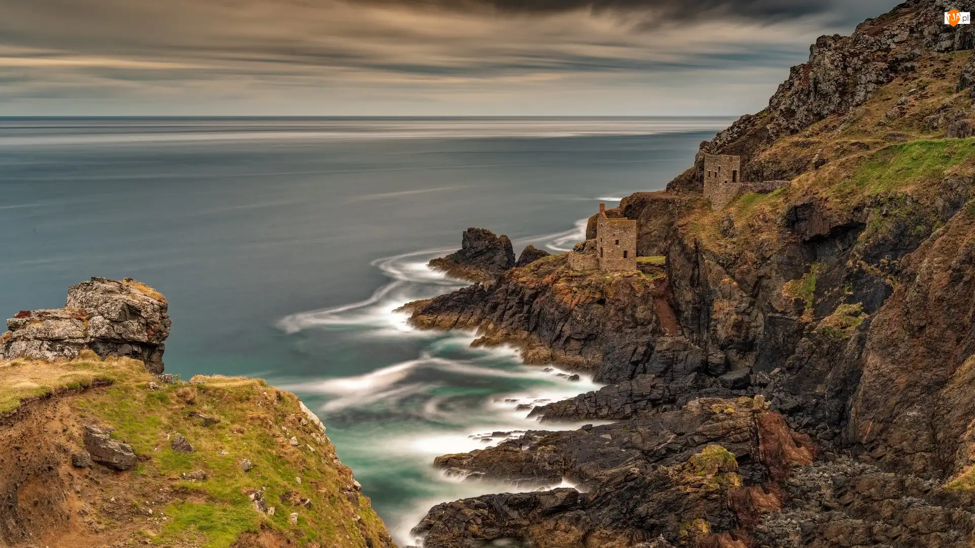 Skały, Budynki, Anglia, Morze, Kornwalia, Botallack, Kopalnia