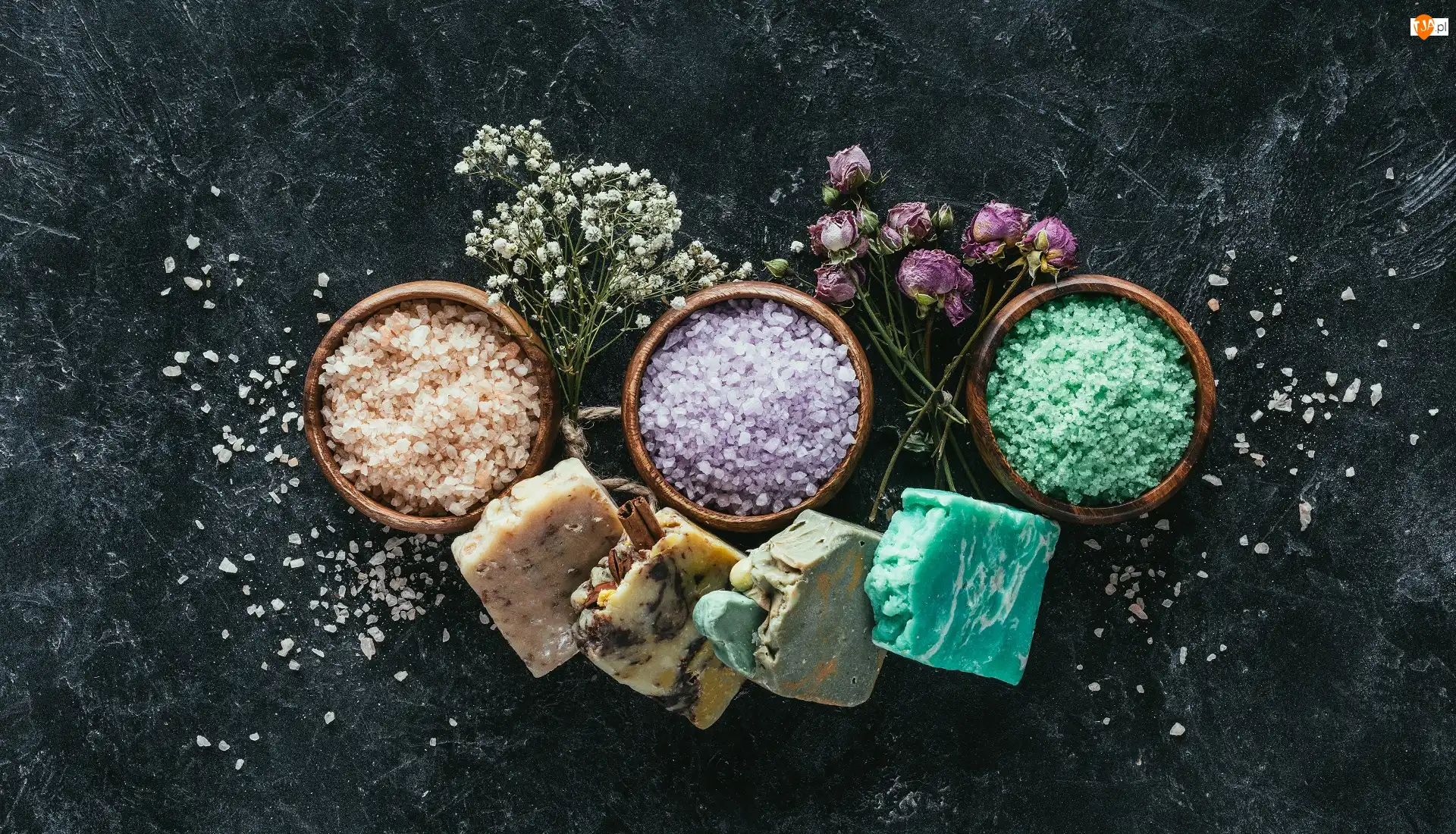 Kwiaty, SPA, Sól, Gipsówka, Mydła, Suche, Róże, Miseczki