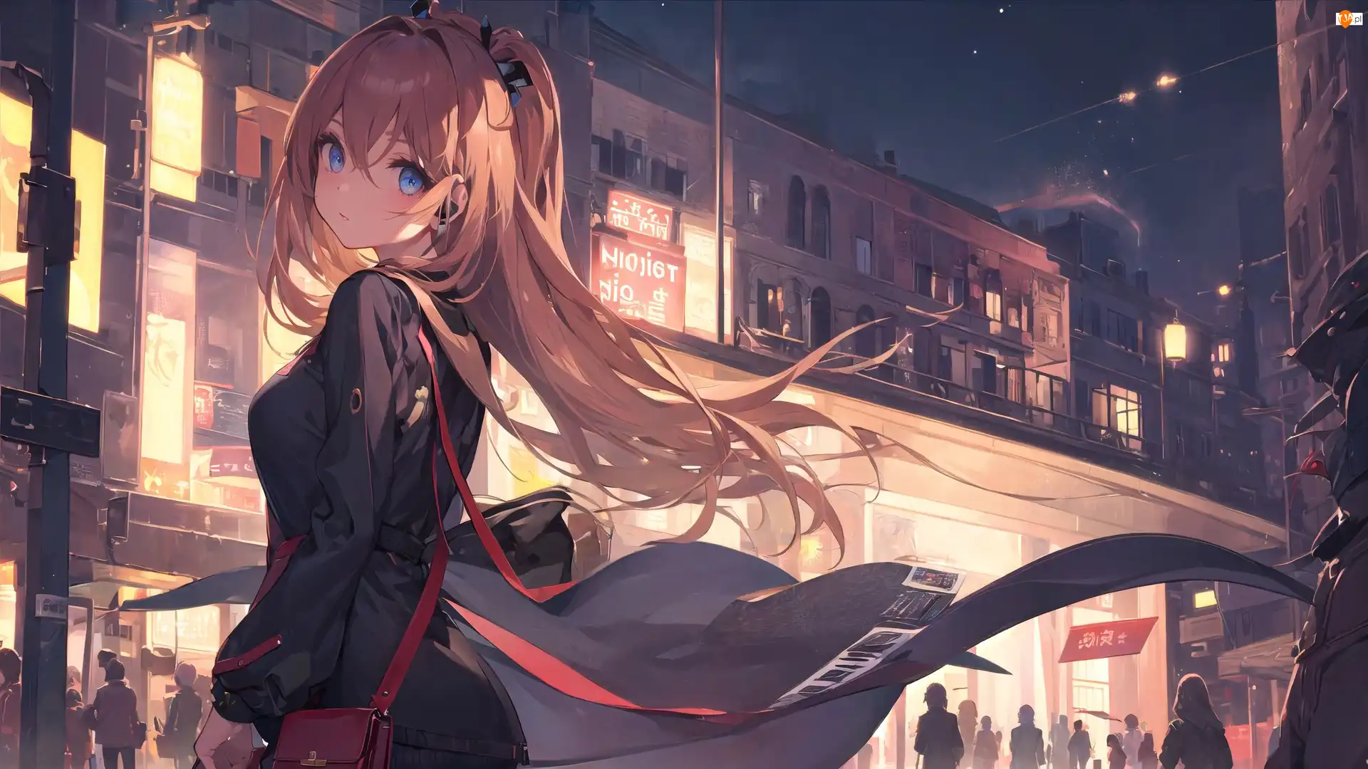 Miasto, Dziewczyna, Sukienka, Noc, Długie, Torebka, Anime, Włosy