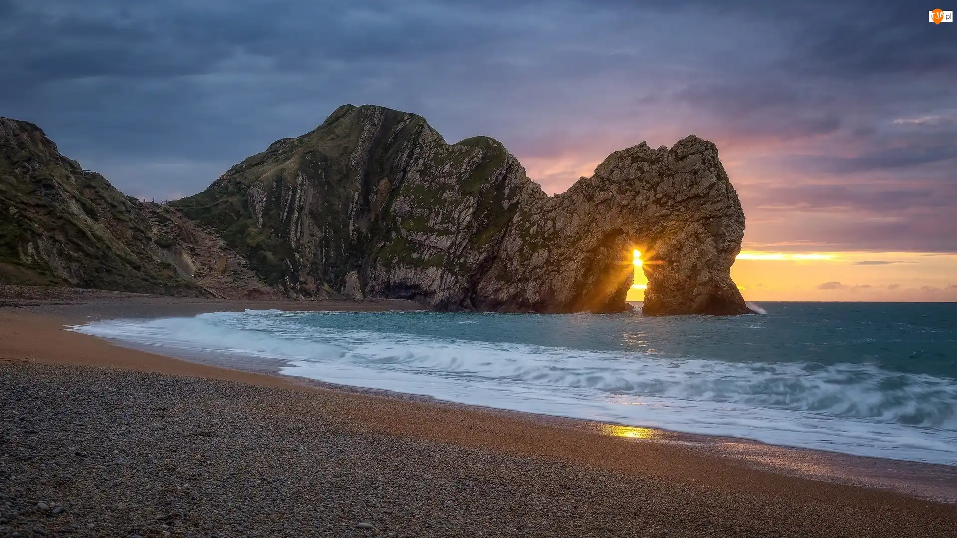 Wybrzeże Jurajskie, Łuk Durdle Door, Promienie słońca, Anglia, Skały, Morze, Kanał La Manche