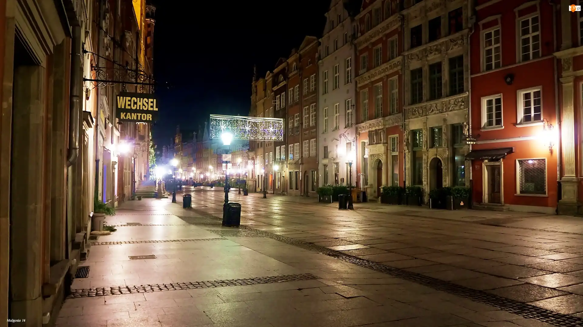 Gdańsk, Miasto, Ulica, Latarnie, Noc, Kamienice