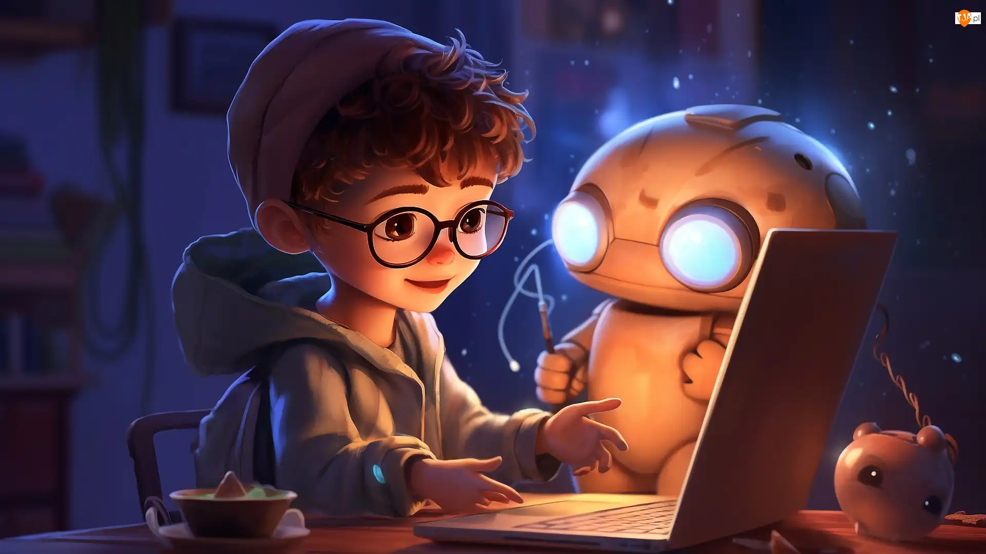 Okulary, Dziecko, Bluza, Robot, Chłopiec, Czapka, Grafika, Biurko