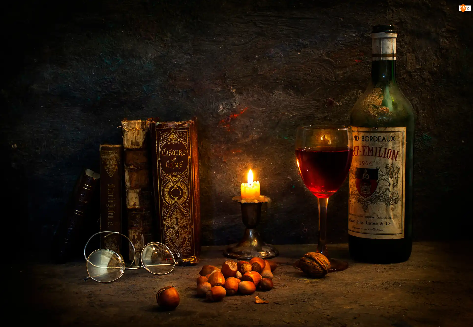 Wino, Orzechy, Okulary, Książki, Kieliszek