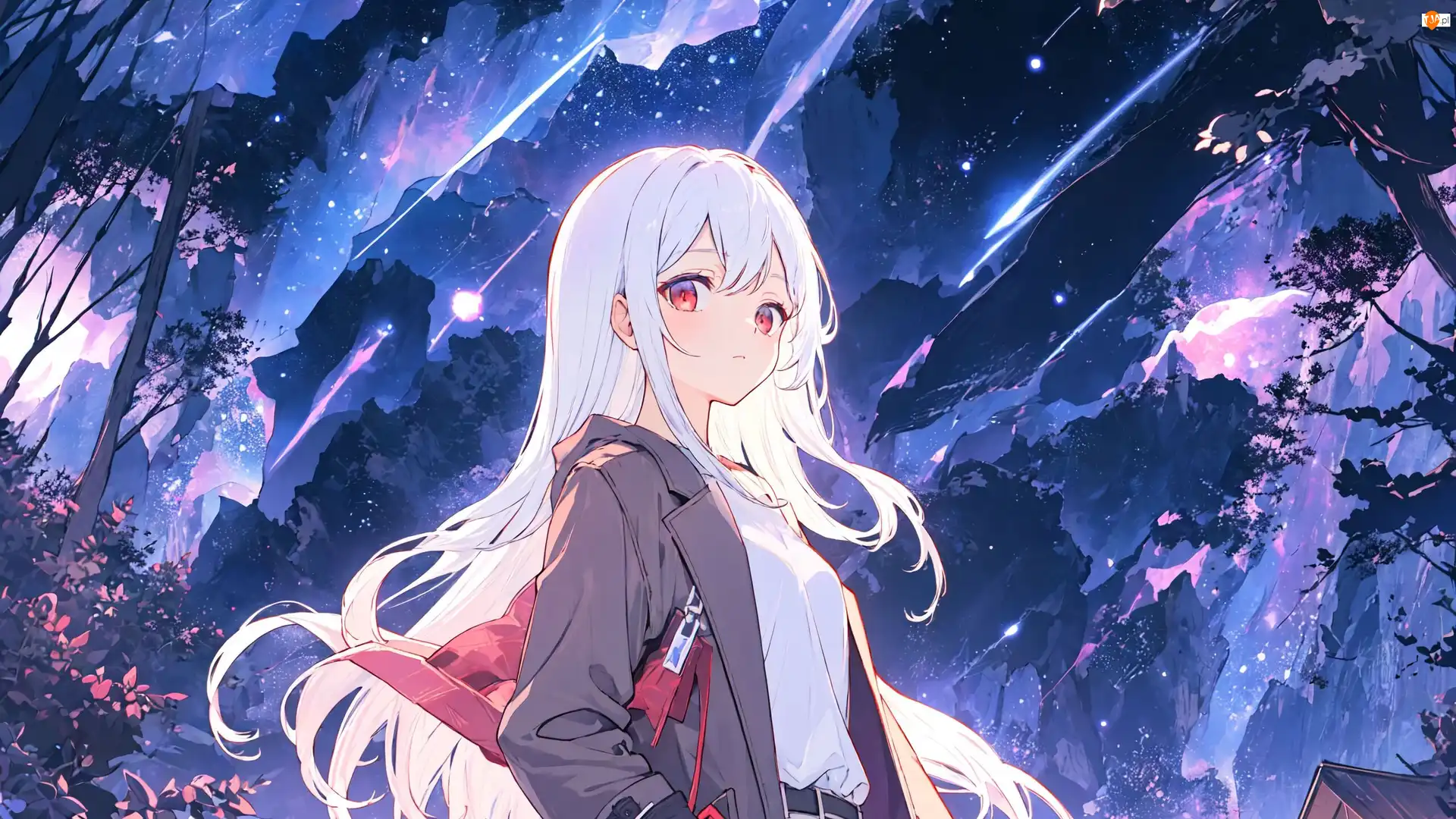 Płaszcz, Anime, Blondynka, Dziewczyna, Drzewa