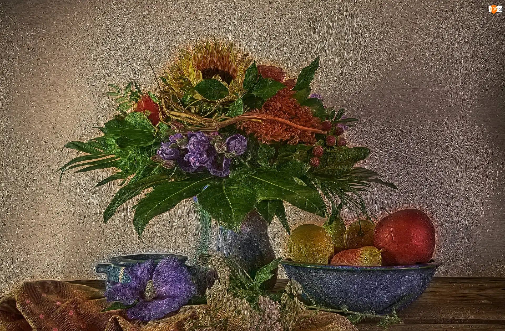 Bukiet, Misa, Grafika, Kwiaty, Kompozycja, Jabłka, Owoce