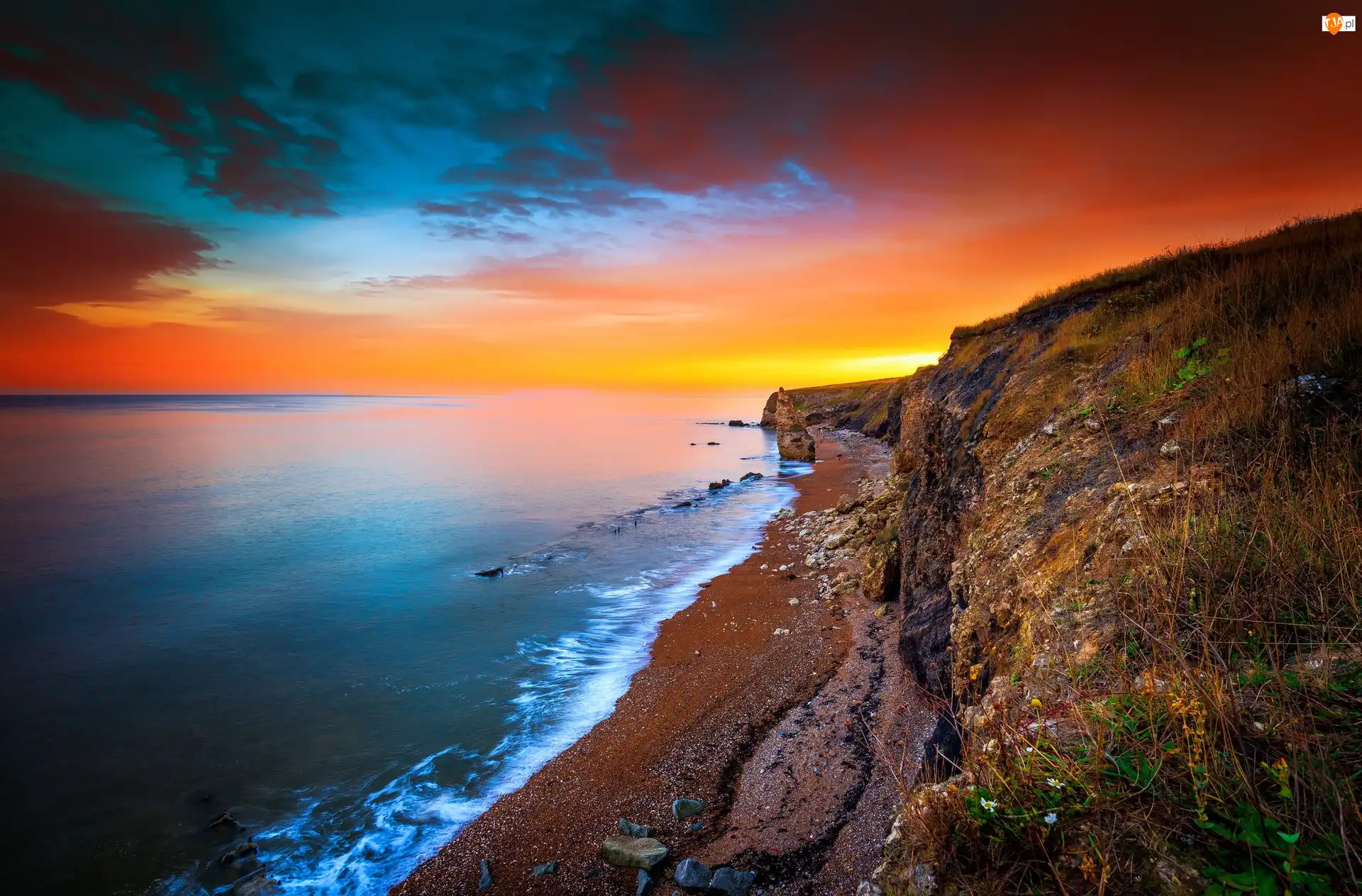 Hrabstwo Northumberland, Anglia, Wybrzeże, Chmury, Morze Północne, Zachód słońca