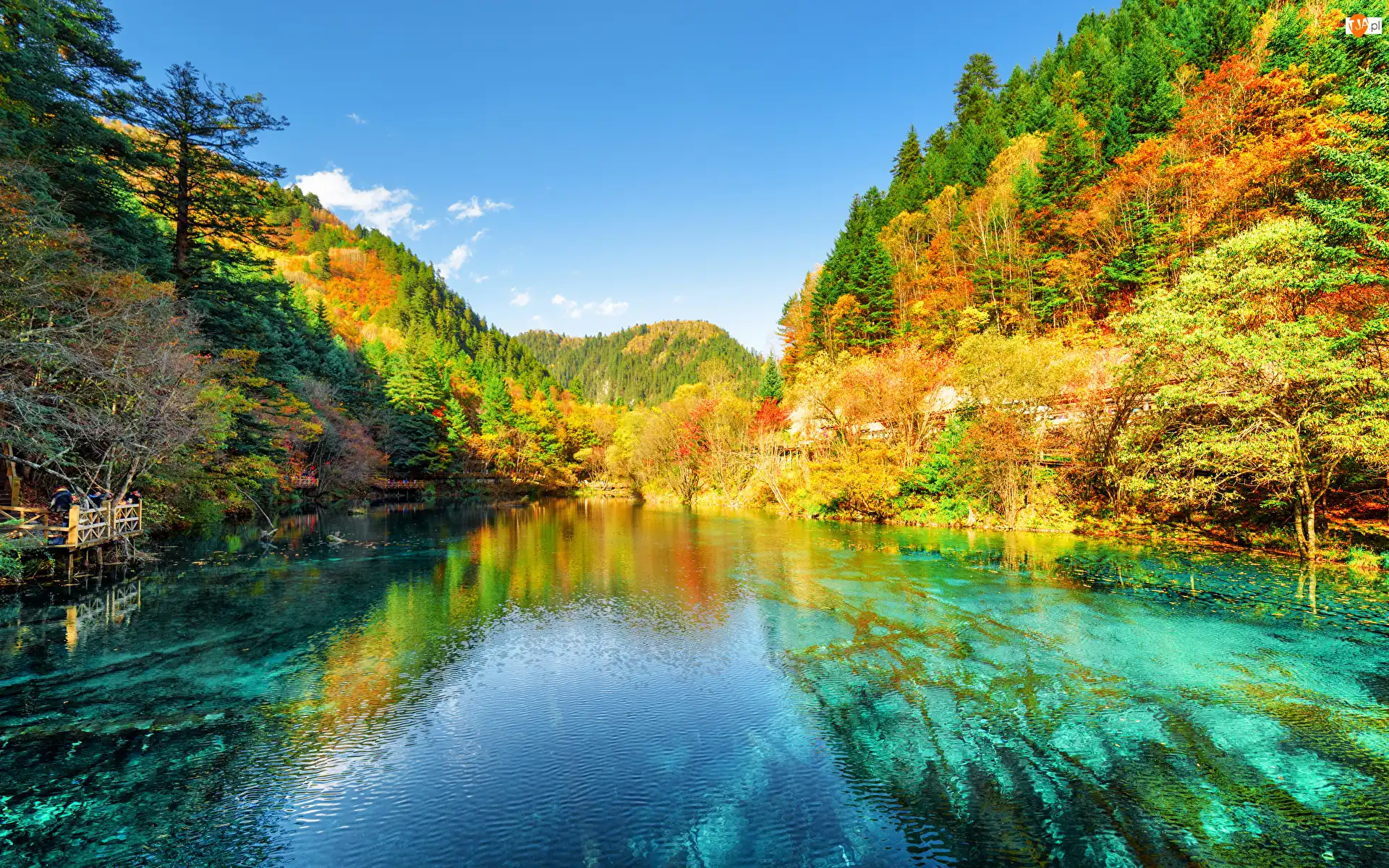 Park Narodowy Jiuzhaigou, Chiny, Las, Jesień, Jezioro, Góry