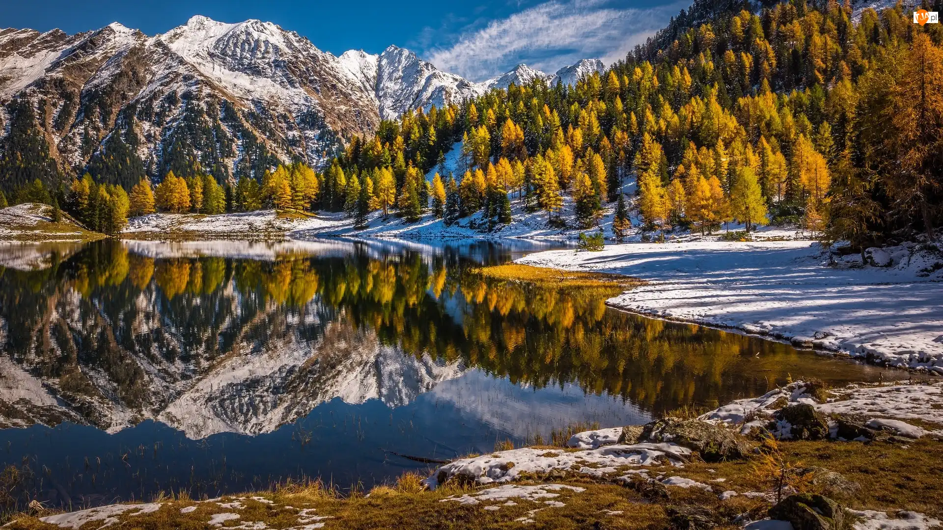 Drzewa, Odbicie, Jezioro, Góry, Śnieg