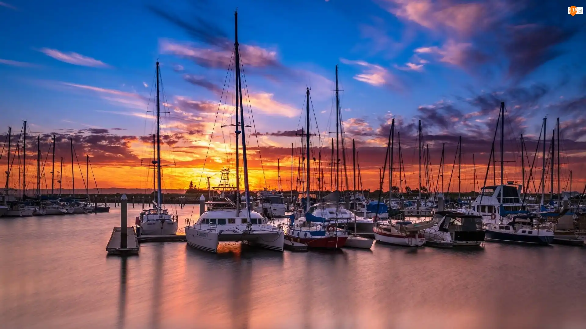 Żaglówki, Morze, Australia, Zachód słońca, Scarborough Boat Harbour, Scarborough Marina, Przystań