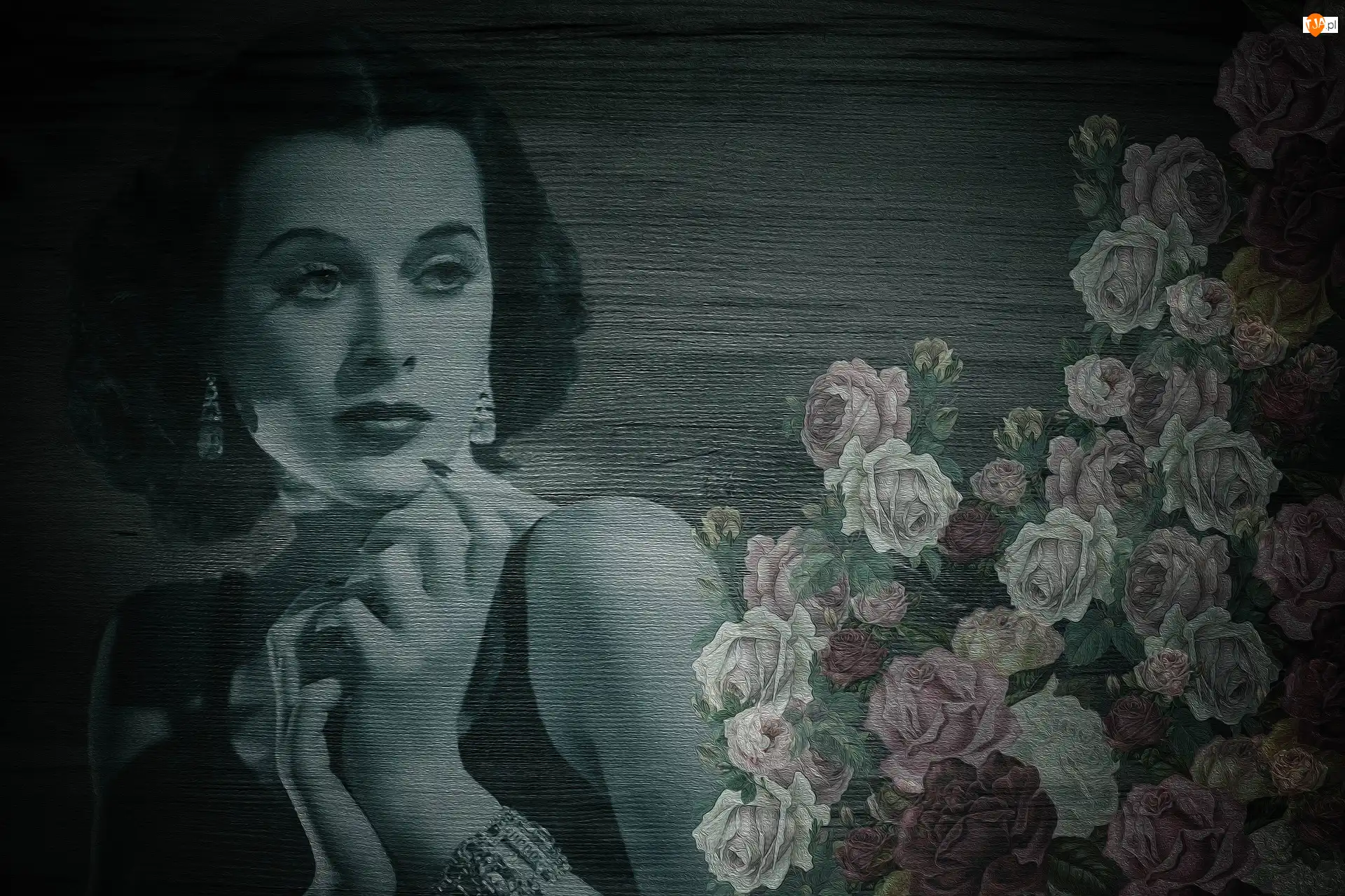 Drewno, Kobieta, Kwiaty, Grafika, Aktorka, Róże, 2D, Hedy Lamarr