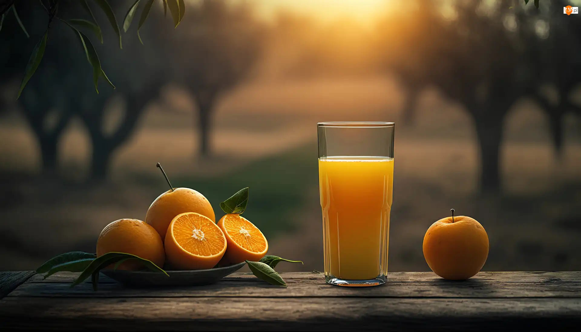 Grafika, Pomarańcze, Sok, Zachód słońca