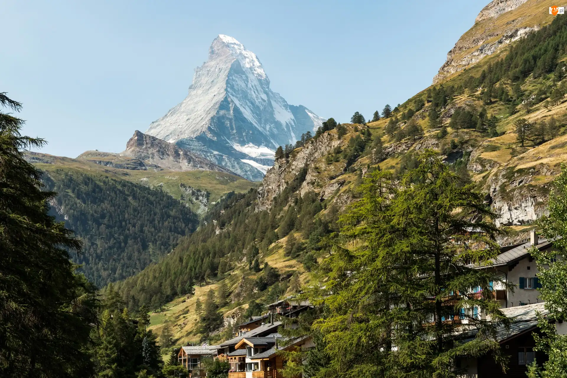 Miejscowość Zermatt, Góry, Domy, Valais, Alpy Pennińskie, Drzewa, Szwajcaria, Szczyt Matterhorn
